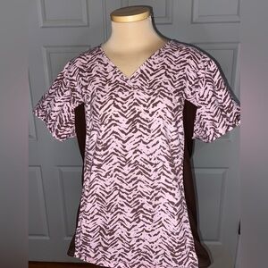 Cherokee Animal Print Scrubs Top, Pink and Brown Scrubs Short Sleeve Top Size L